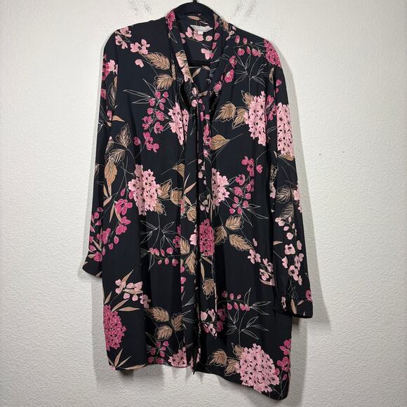 Anthology Tops - Anthology Plus Size 20 Neck Bow Button Up Tunic Shirt Black Pink Long Sleeves